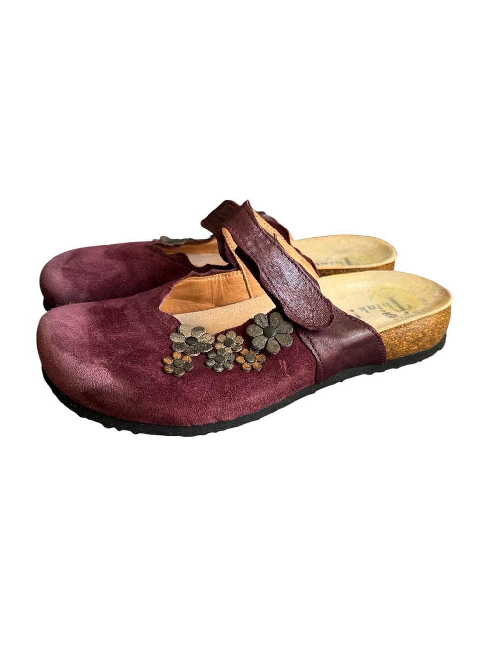 Think! Julia Suede Mules Burgundy Wine Comfort Shoes Embellished Womens 39